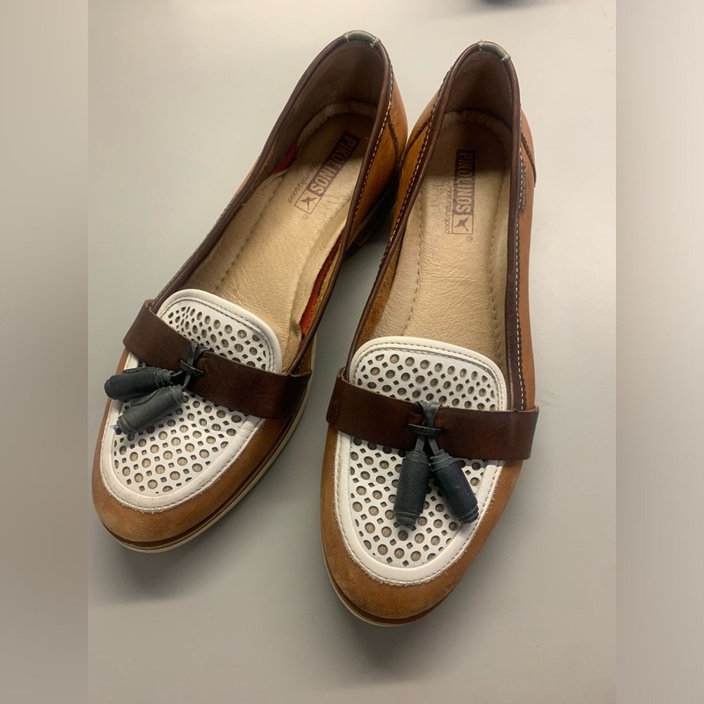 Pikolinos 37 Moccasins Flat Boat Shoes Cognac white leather
